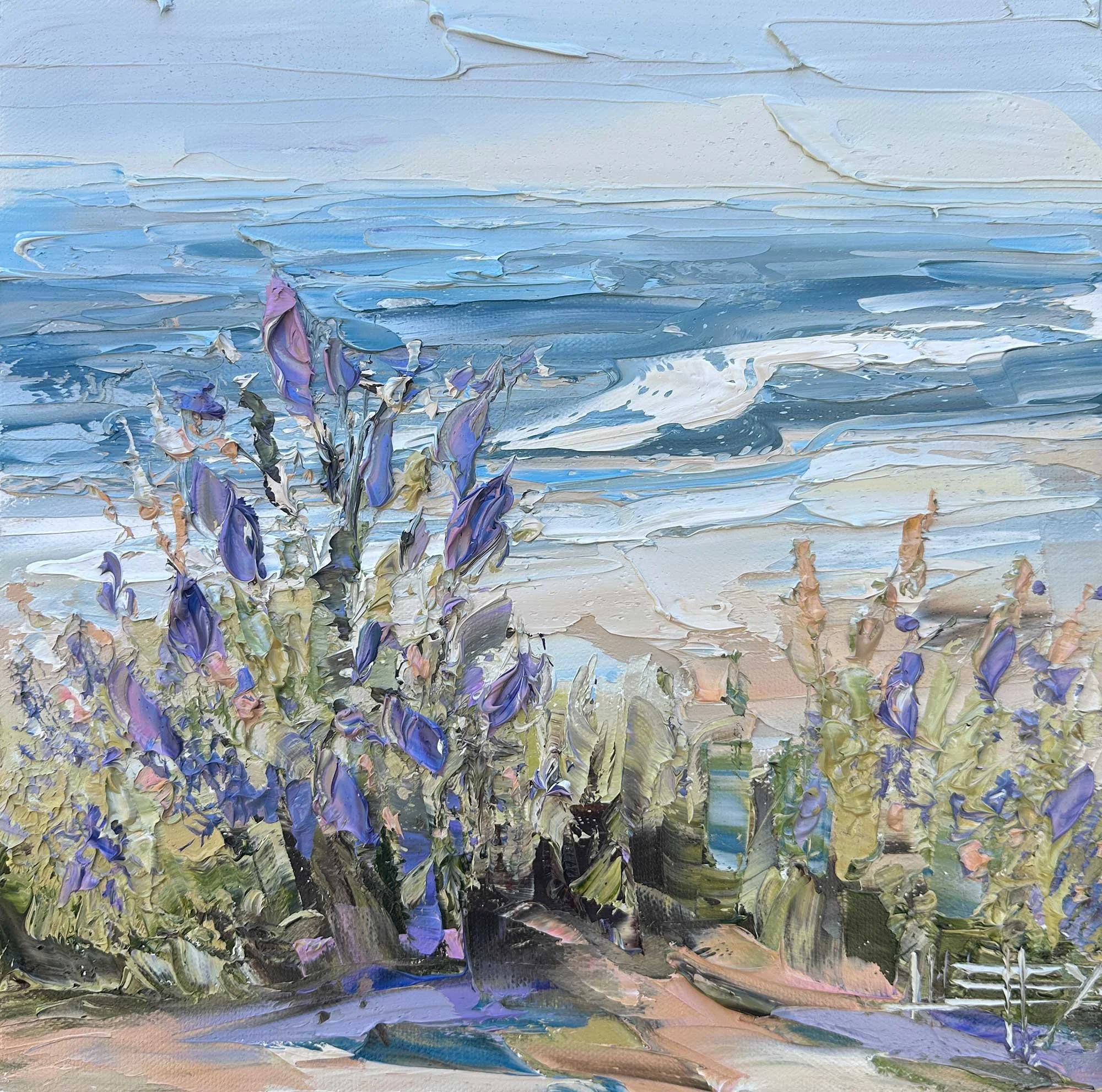 Original palette knife oil painting of Carmel wildflowers by the sea with lavender blooms, coastal sky, and ocean view on gallery wrapped canvas.