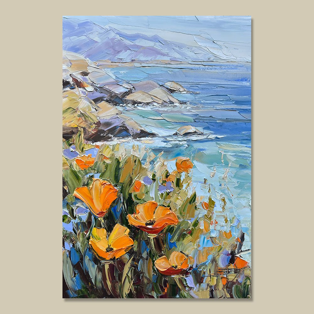 california coastal poppy painting overlooking ocean cliffs, orange poppies in foreground with soft blue water and distant coastline, palette knife oil painting