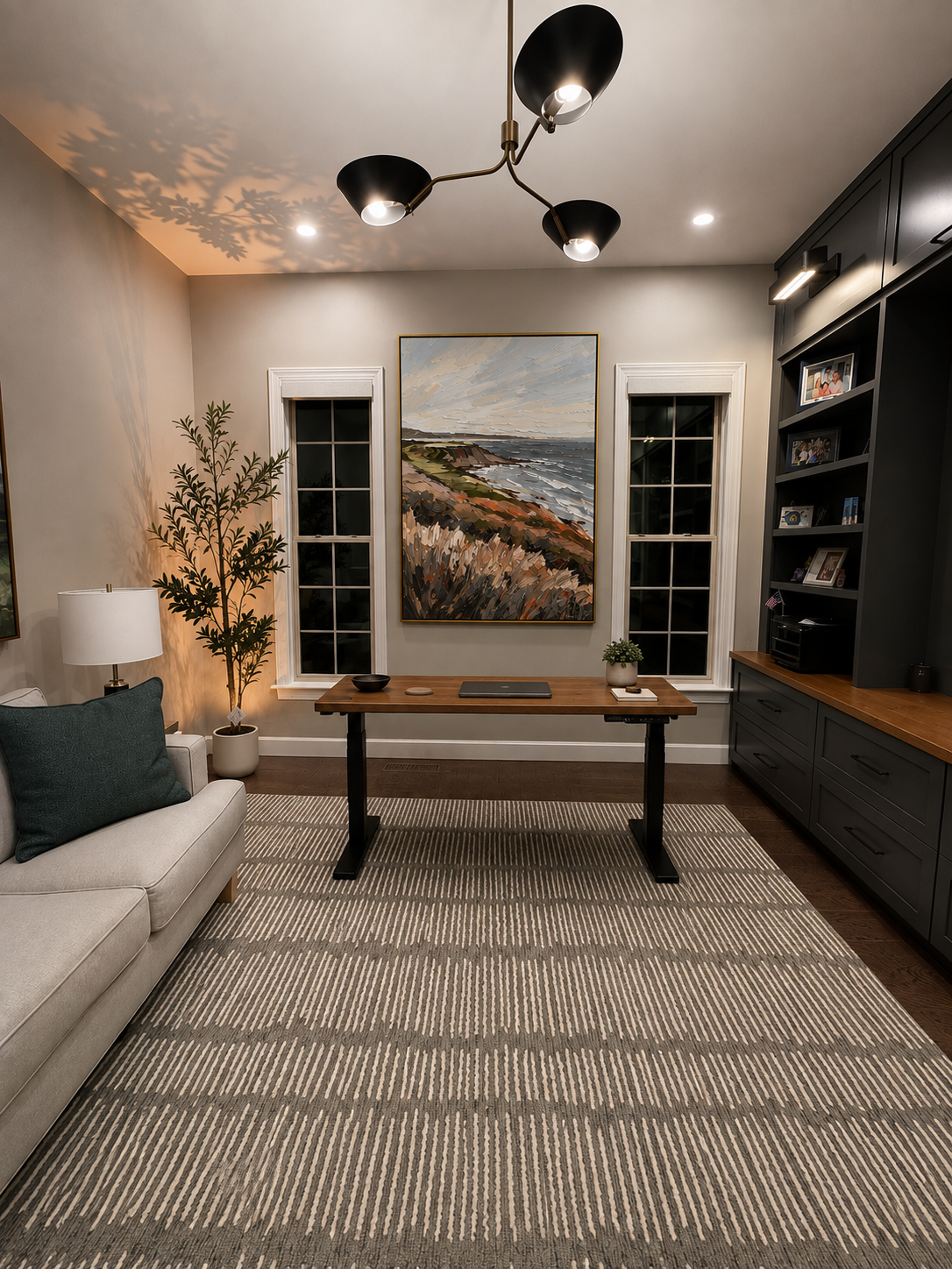 Pebble Beach Light 30x48 commissioned California coastal painting installed in collector office