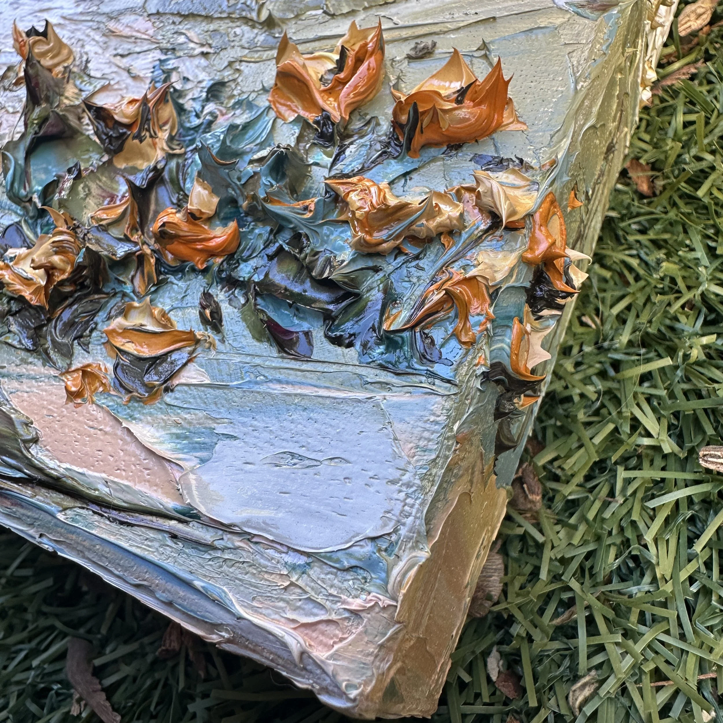 California coastal poppies overlooking the Pacific Ocean, original palette knife oil painting by Lisa Elley.