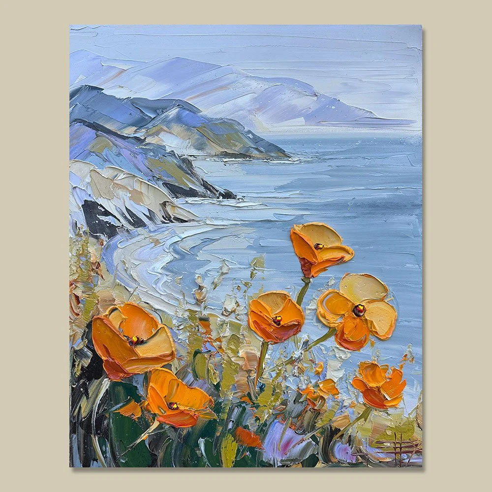 Coastline in Bloom is a 16 × 20 inch original oil painting inspired by the California coast, where soft ocean light meets the vivid, fleeting color of wild poppies.