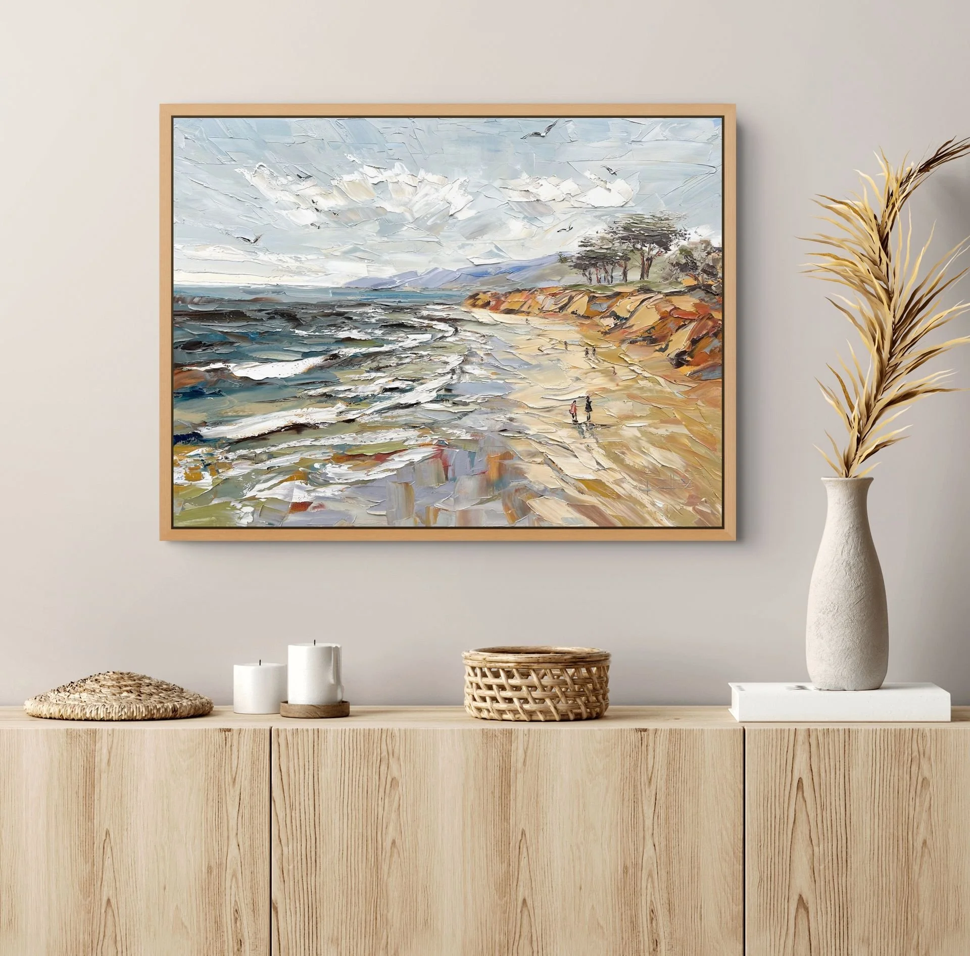 Beach Walk printable coastal wall art by Lisa Elley featuring a windswept California beach, rolling waves, dramatic skies, and warm coastal cliffs. Digital download for instant home printing.