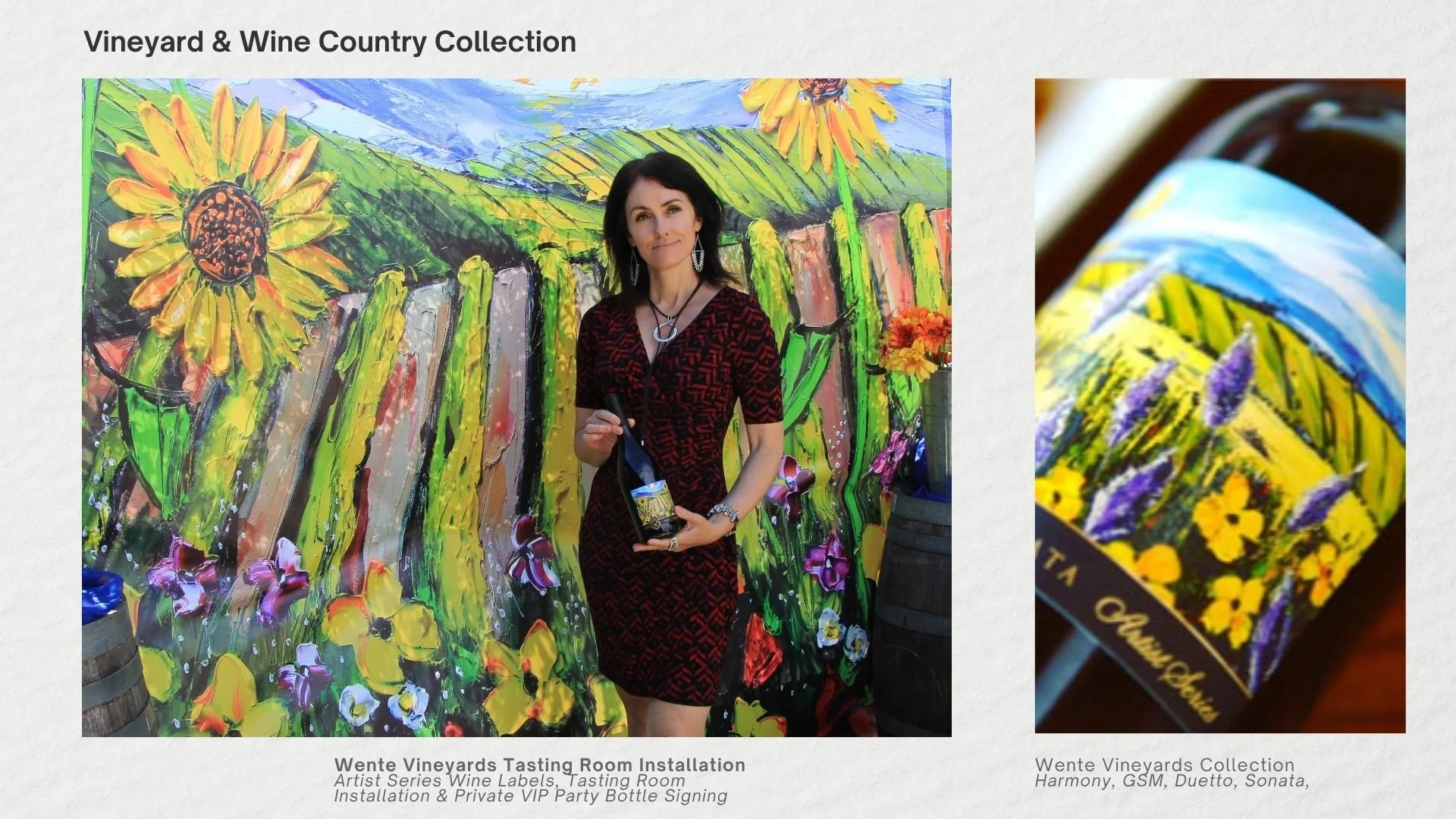 Woman standing in front of a colorful vineyard-themed painting, holding a wine bottle and a glass of wine, with wine barrels nearby.