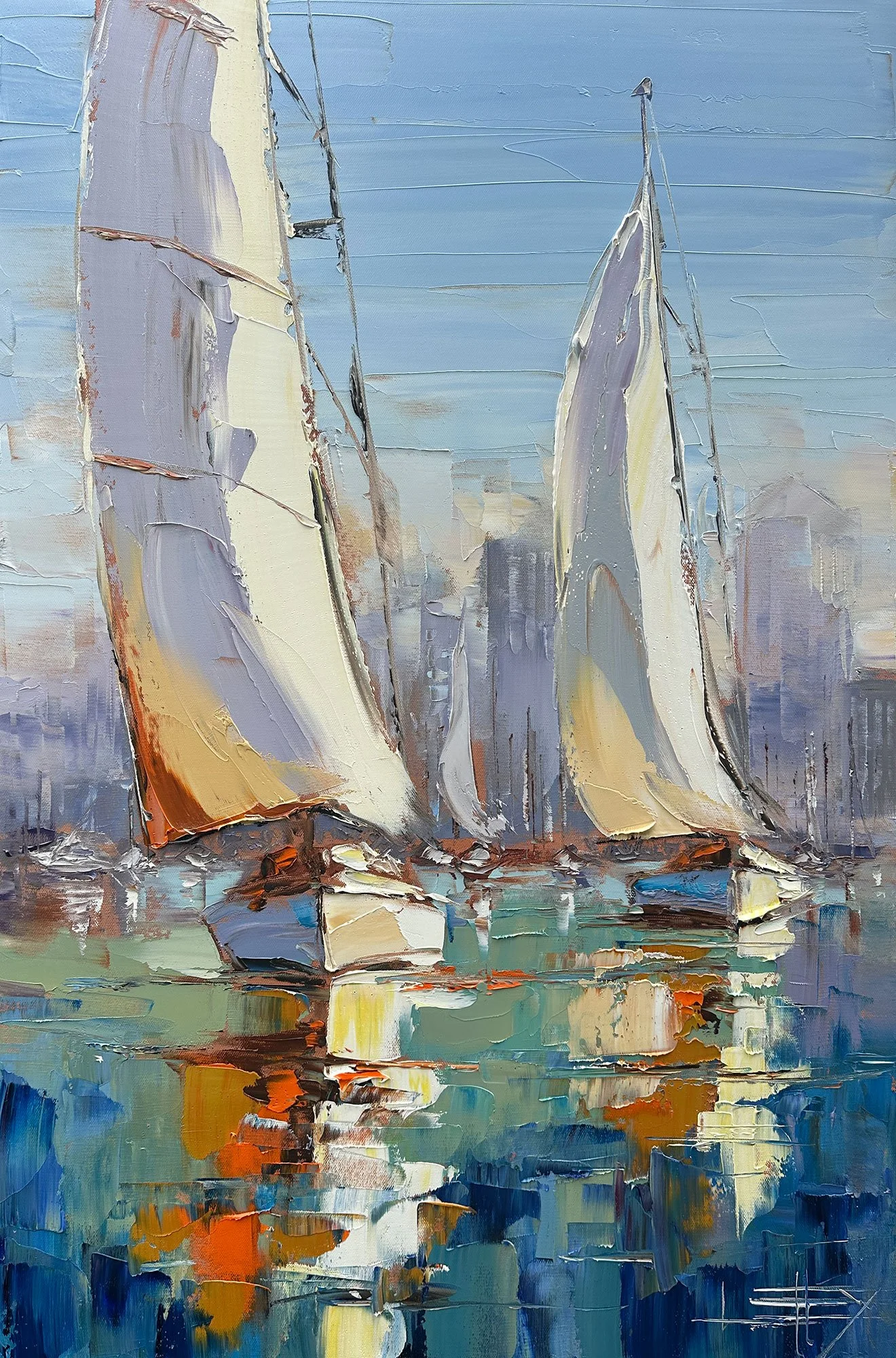 Abstract painting of sailboats and their reflections on water, with a skyline in the background, using bold and textured brushstrokes in shades of blue, gray, cream, and orange.