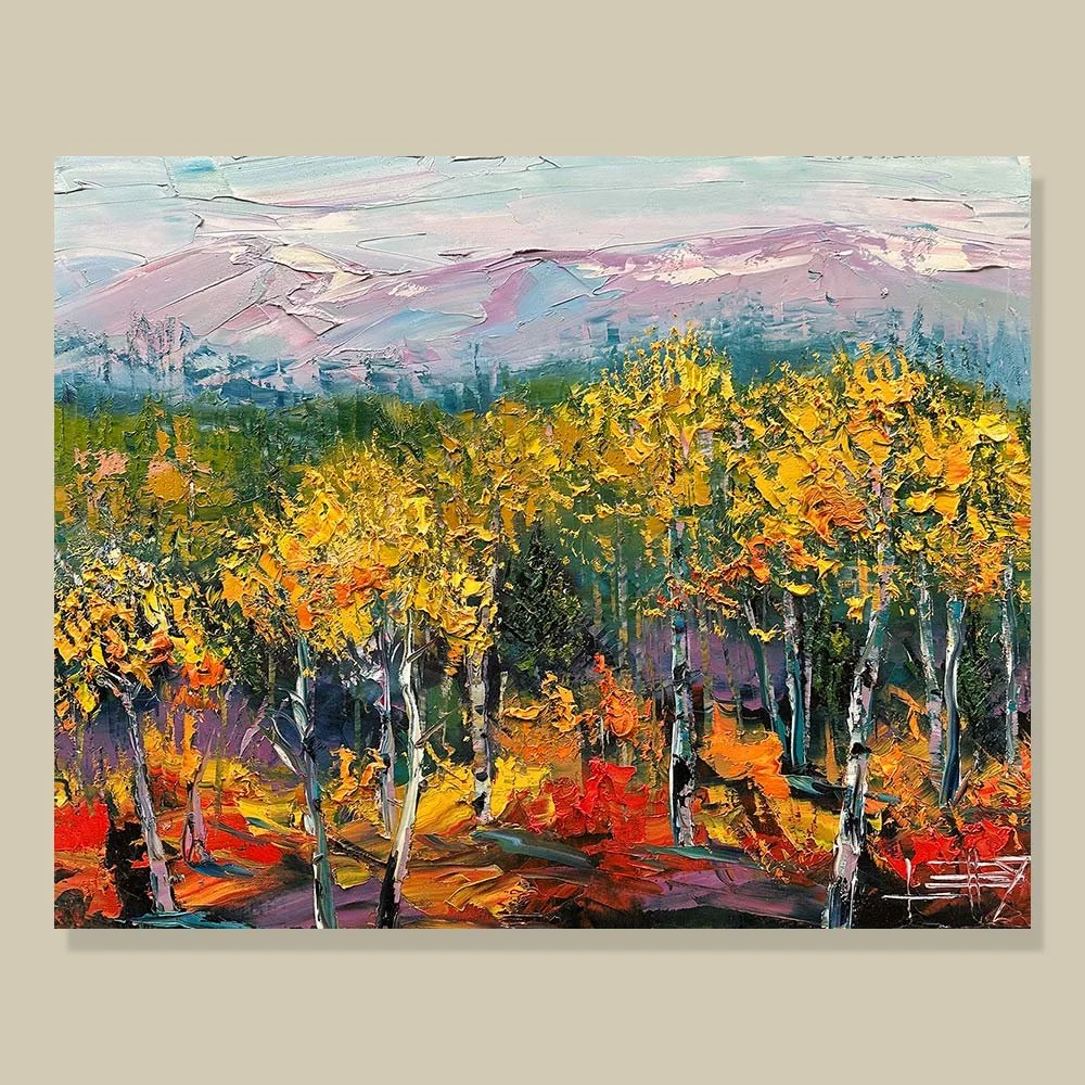 Colorful fall birch forest oil painting with golden leaves and textured palette knife trees, 24x30 original canvas