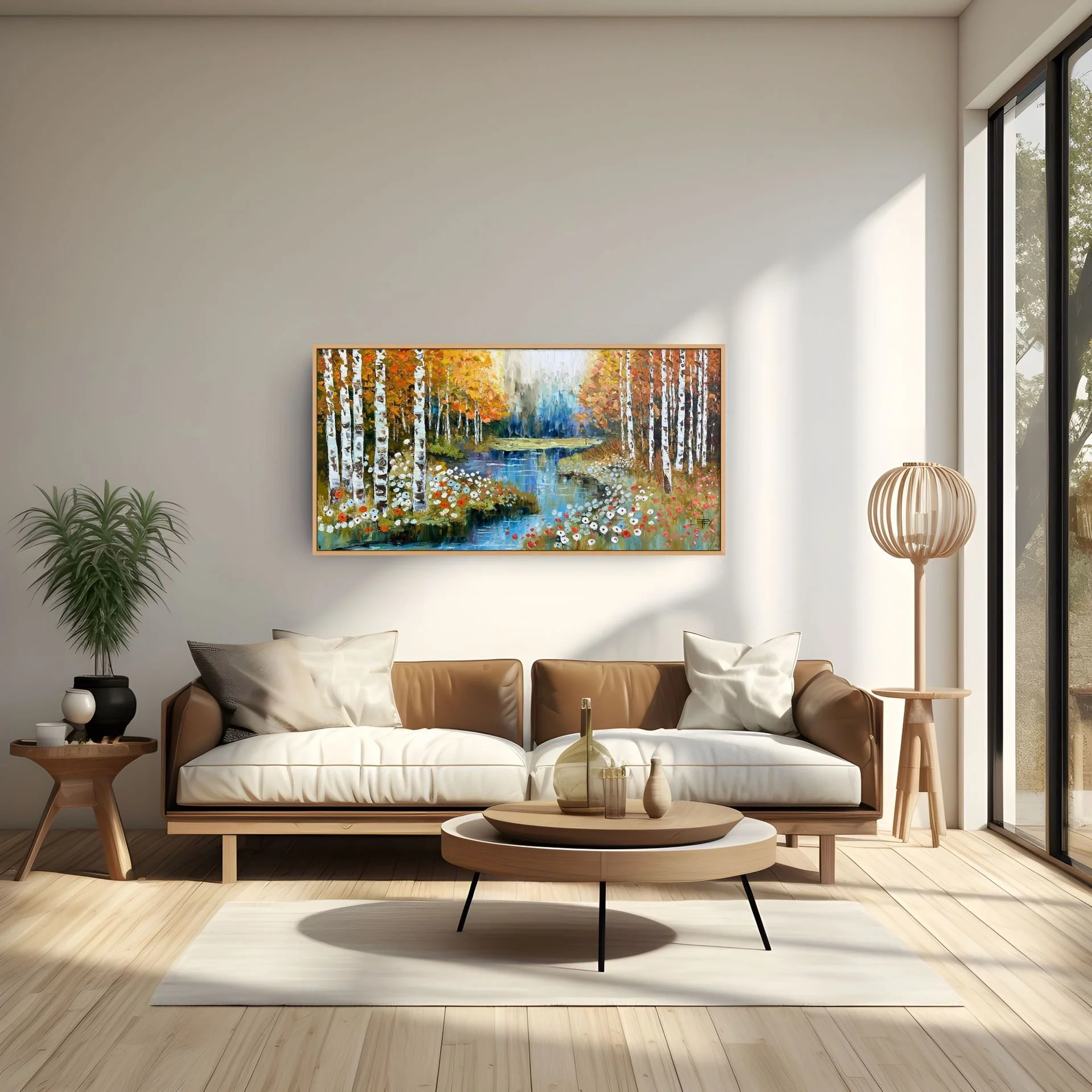 Modern living room with a large painting of a fall forest landscape on the wall, a beige sofa with pillows, a round coffee table with vases, a potted plant, a floor lamp, and a large window with natural light.