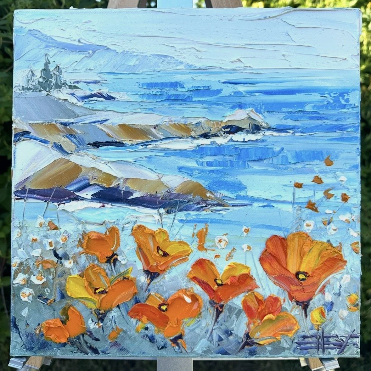 small coastal seascape with orange poppies