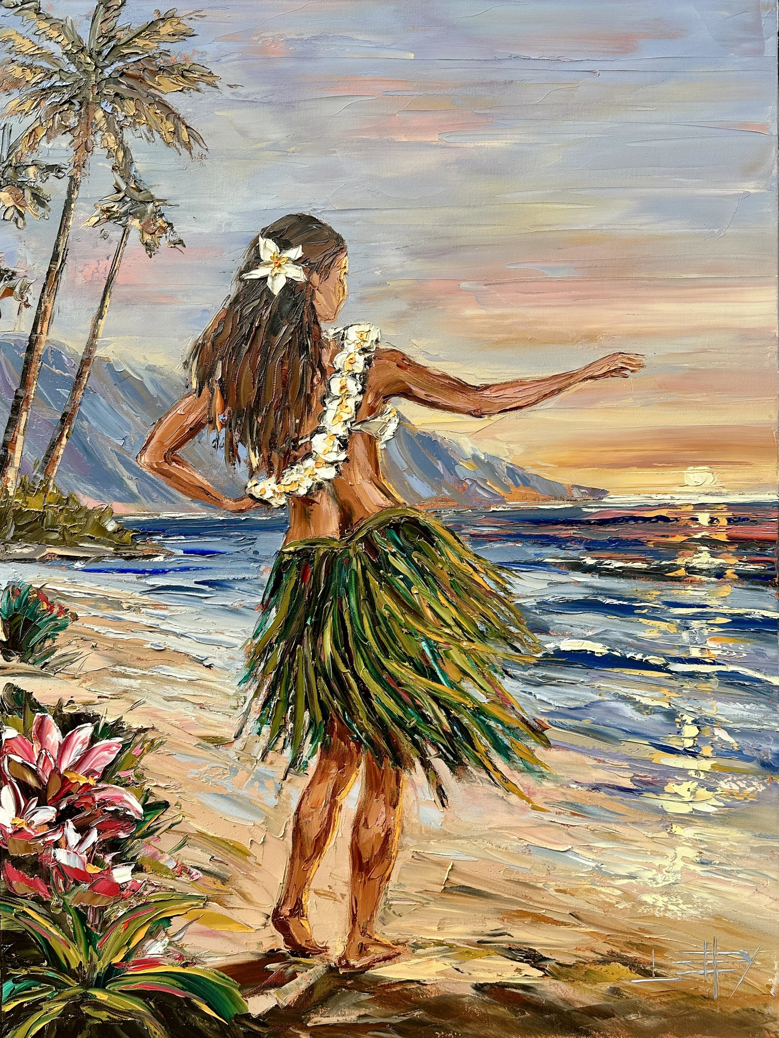 A woman in a grass skirt and floral lei standing on a beach at sunset, facing the ocean, with palm trees and flowers in the foreground.