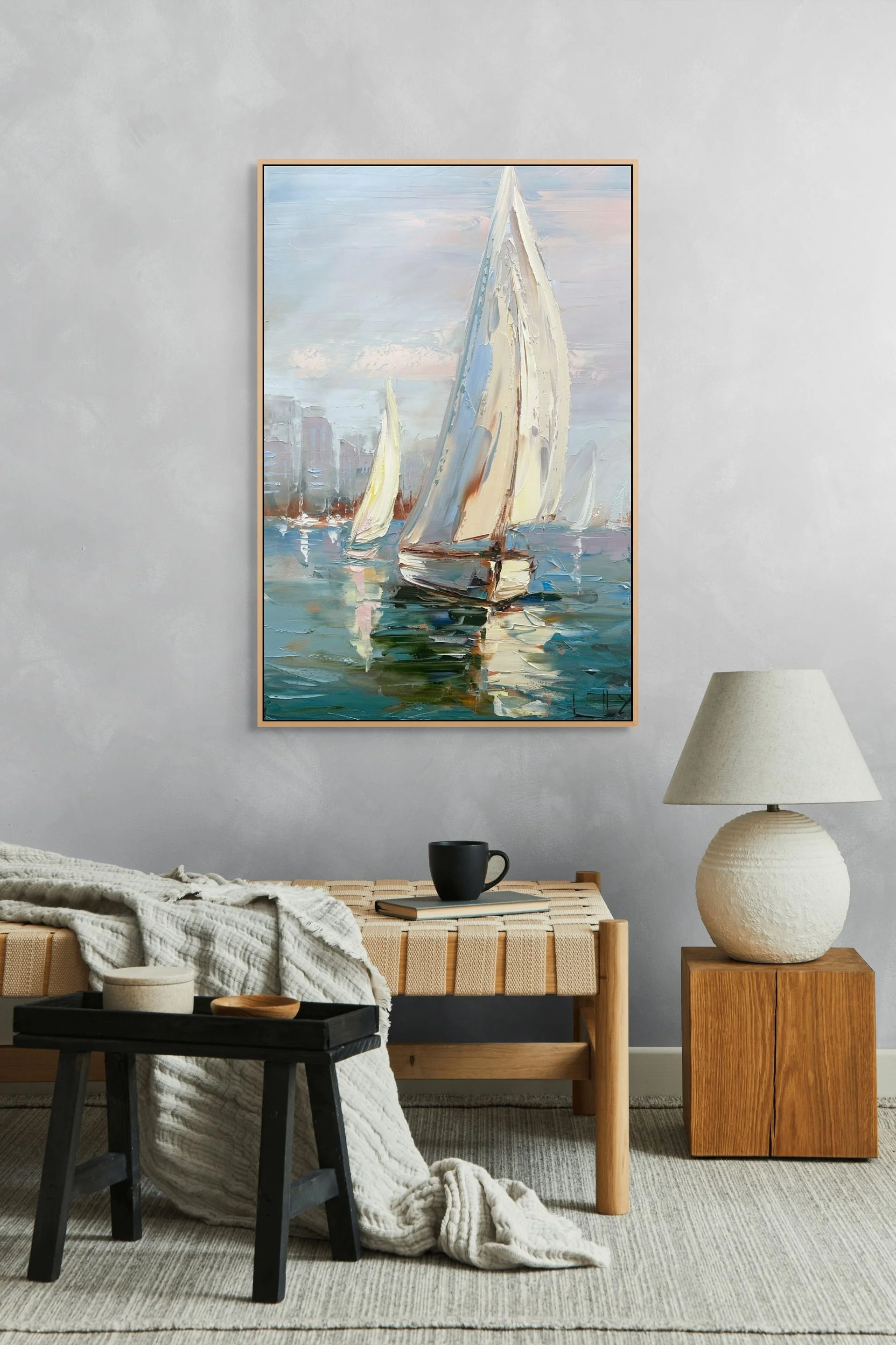 An atmospheric sailboat painting inspired by the soft coastal light and reflective harbor waters of Southern California’s waterfronts.