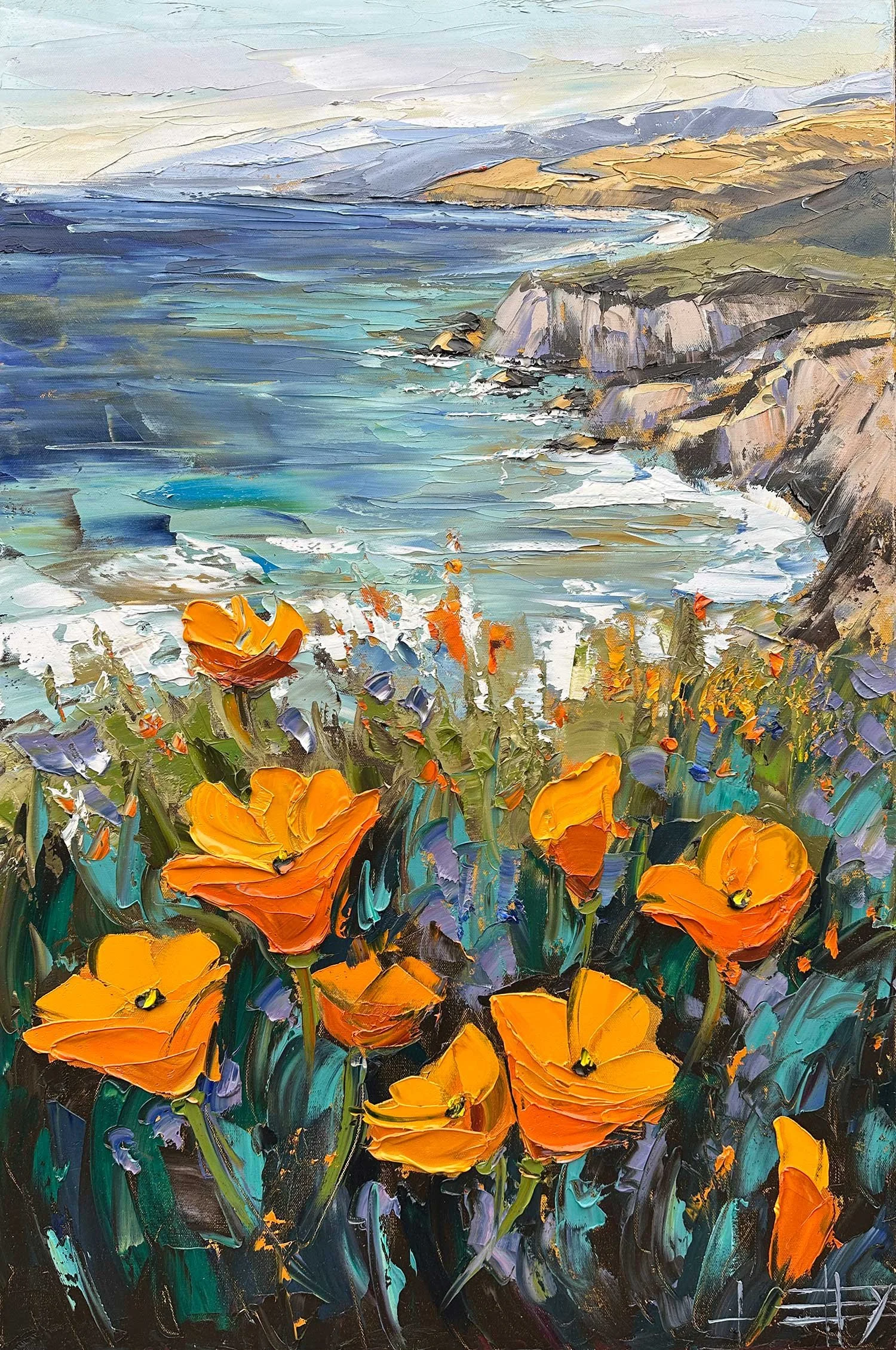 Oil painting of a coastal landscape with a rocky cliff, blue ocean, and orange flowers in the foreground.