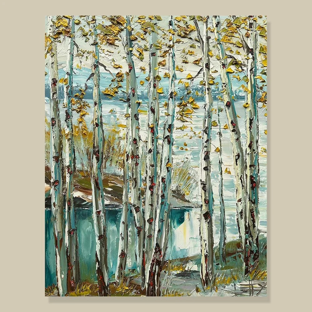 Blue green birch forest oil painting with cool tones and textured palette knife trees, 24x30 original canvas
