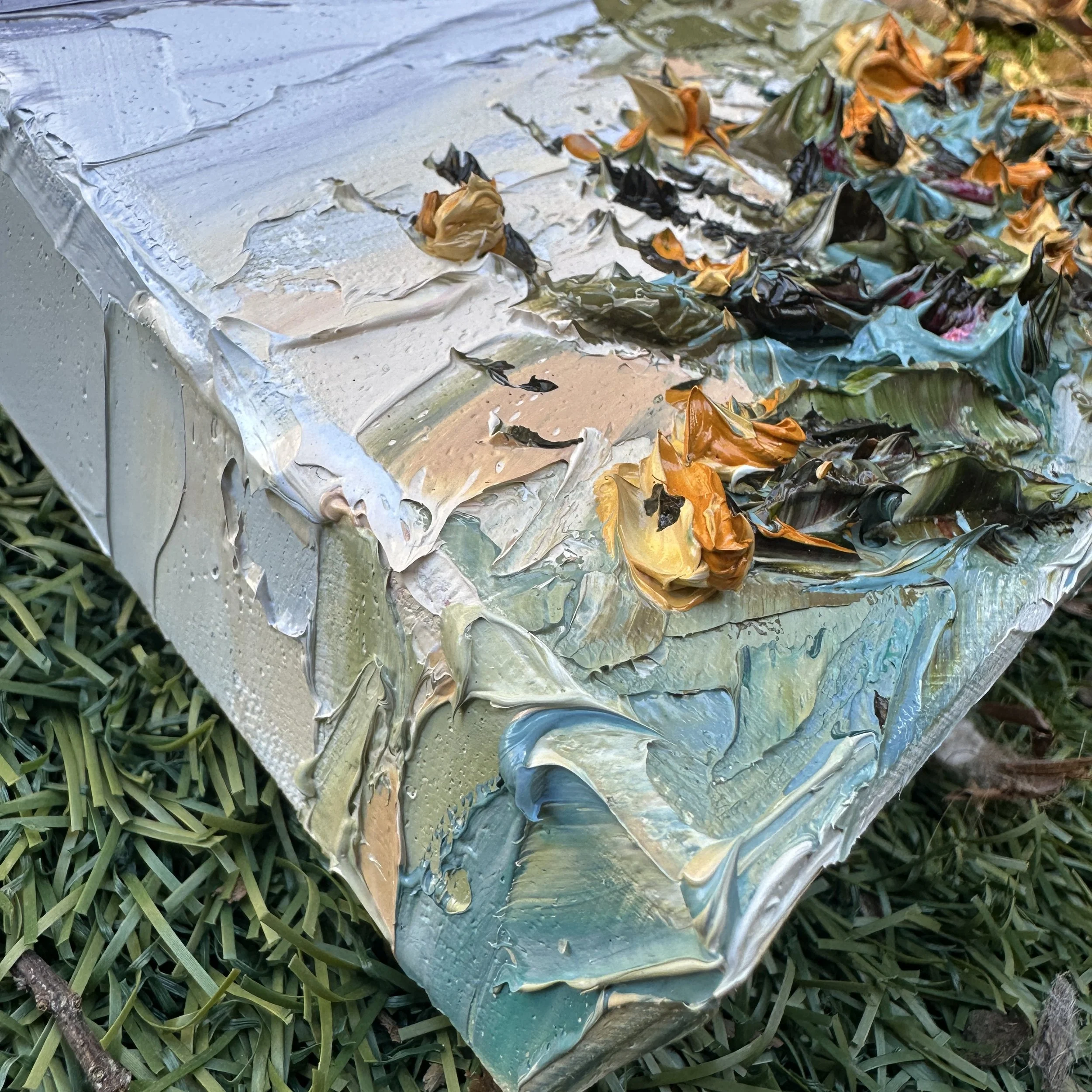 California coastal poppies overlooking the Pacific Ocean, original palette knife oil painting by Lisa Elley.