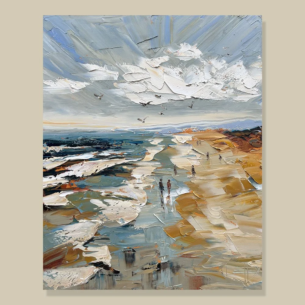 Quiet Shoreline captures the calm beauty of a coastal walk beneath wide open skies. Created with expressive palette knife texture