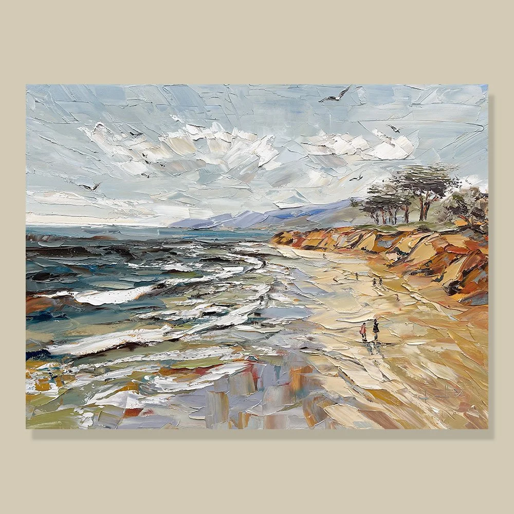 Large original palette knife oil painting of a California beach walk with rolling waves, warm coastal bluffs, distant blue mountains, and dramatic sky on 48x36 gallery wrapped canvas.