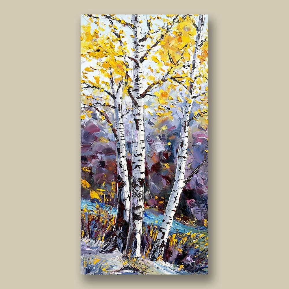 Original palette knife painting of golden aspen and birch trees in an autumn forest with textured impasto and soft natural light.