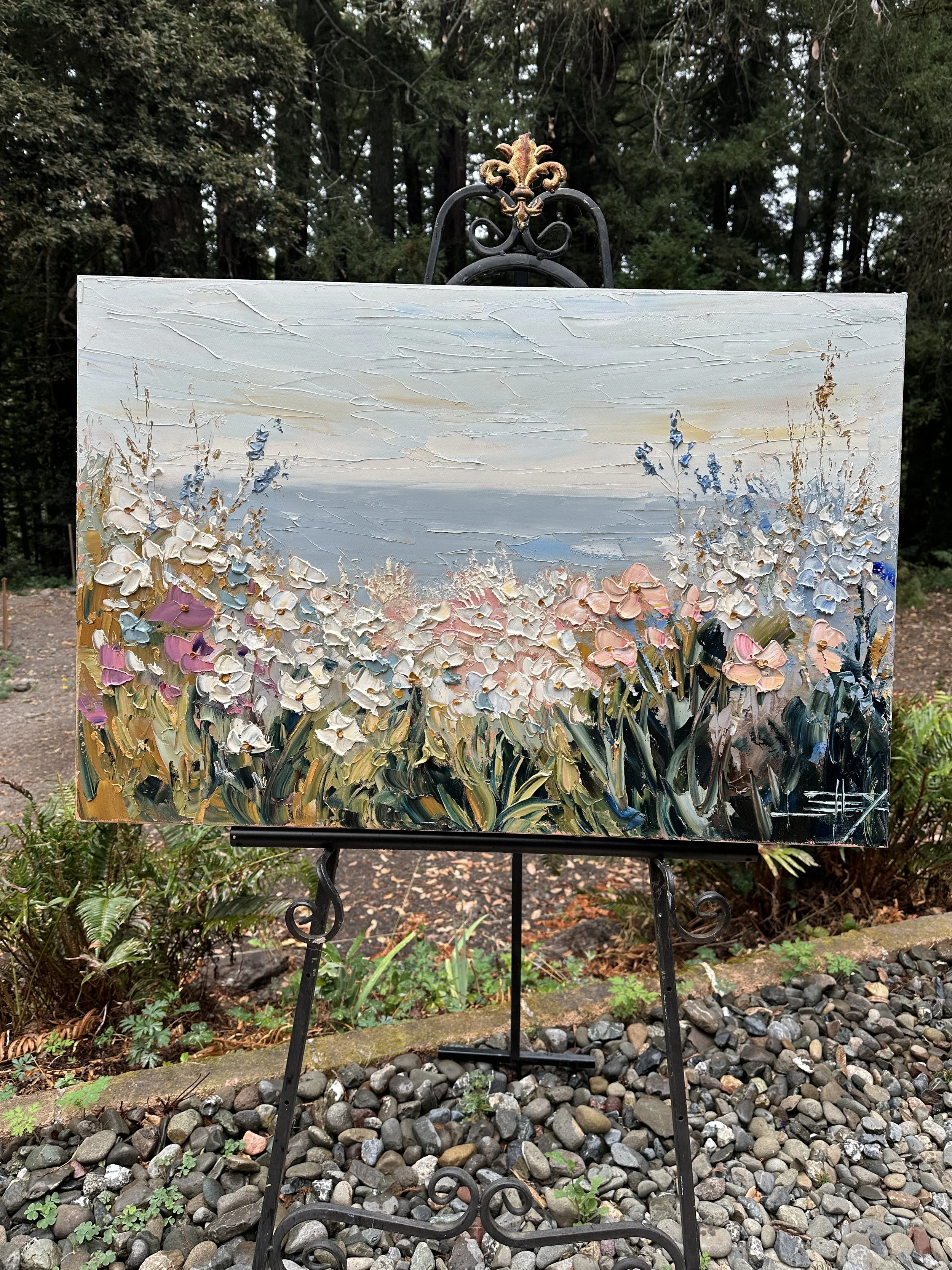 Wildflower Waters 24x36 original palette knife painting of California coastal wildflowers overlooking the ocean