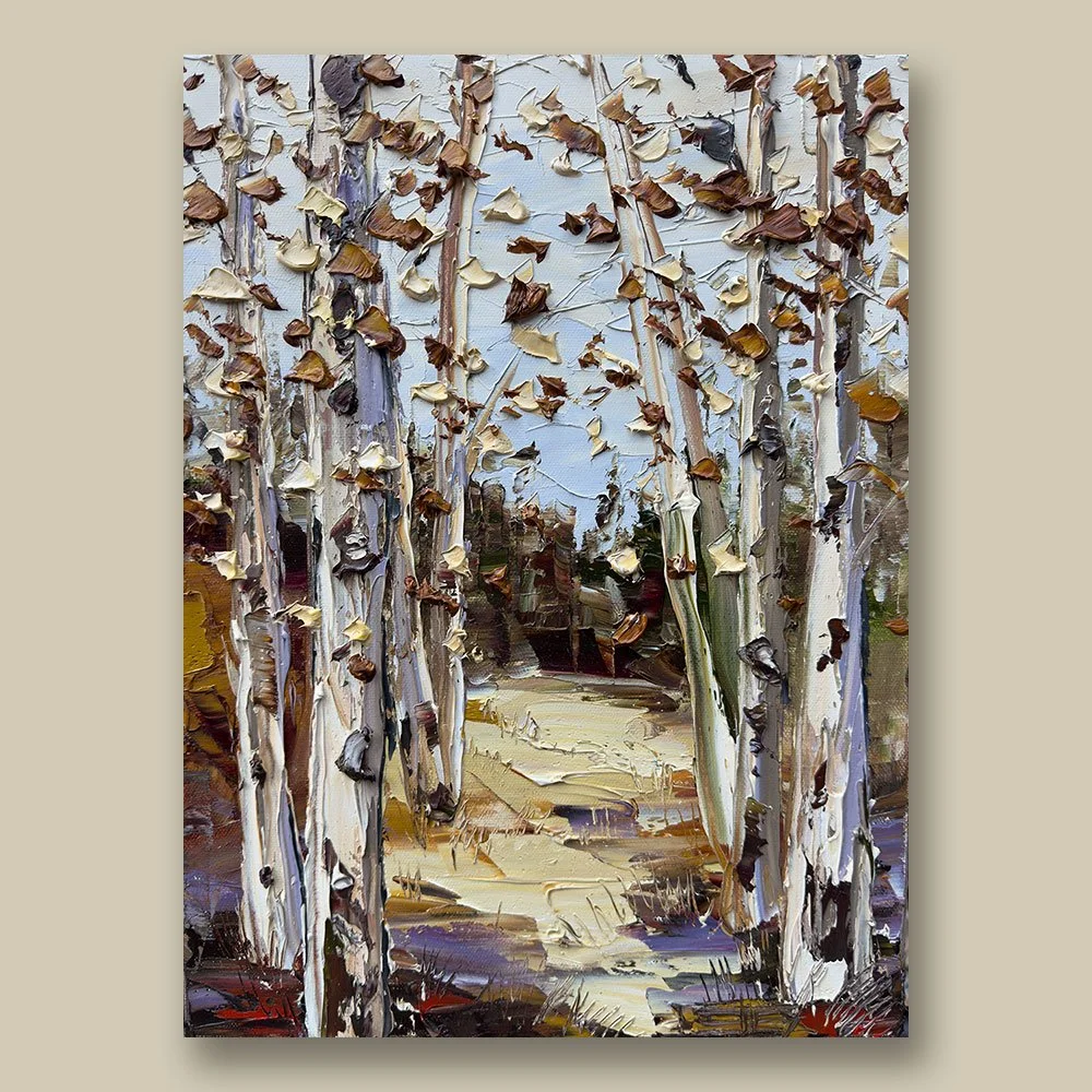 Original 11x14 impasto palette knife painting of autumn aspen trees in warm sienna, ochre, cream and blue by California artist Lisa Elley.