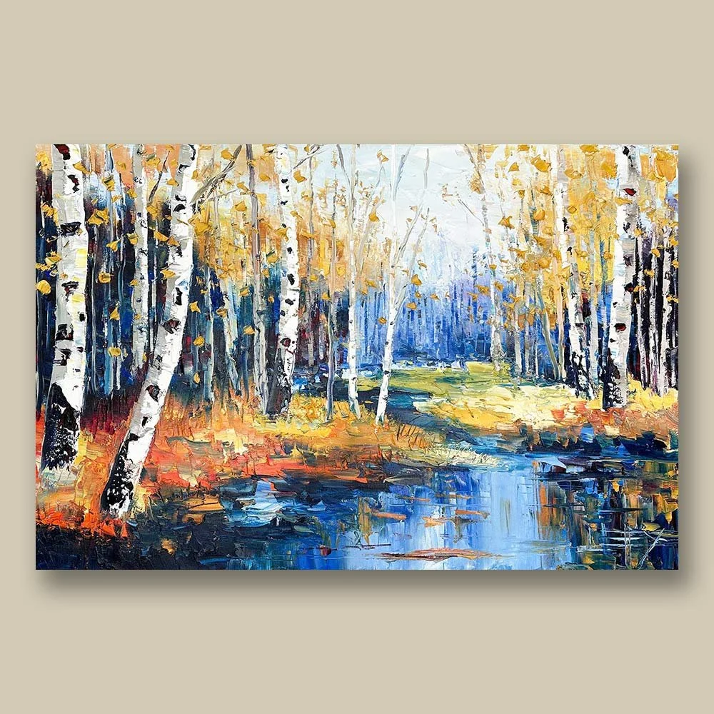 Original palette knife painting of golden aspen and birch trees in an autumn forest with textured impasto and soft natural light.