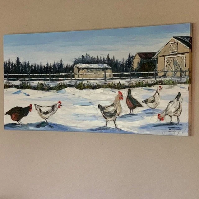 Oil painting of a snowy farm scene with six chickens walking across the snow, with a fence, barn, and trees in the background.