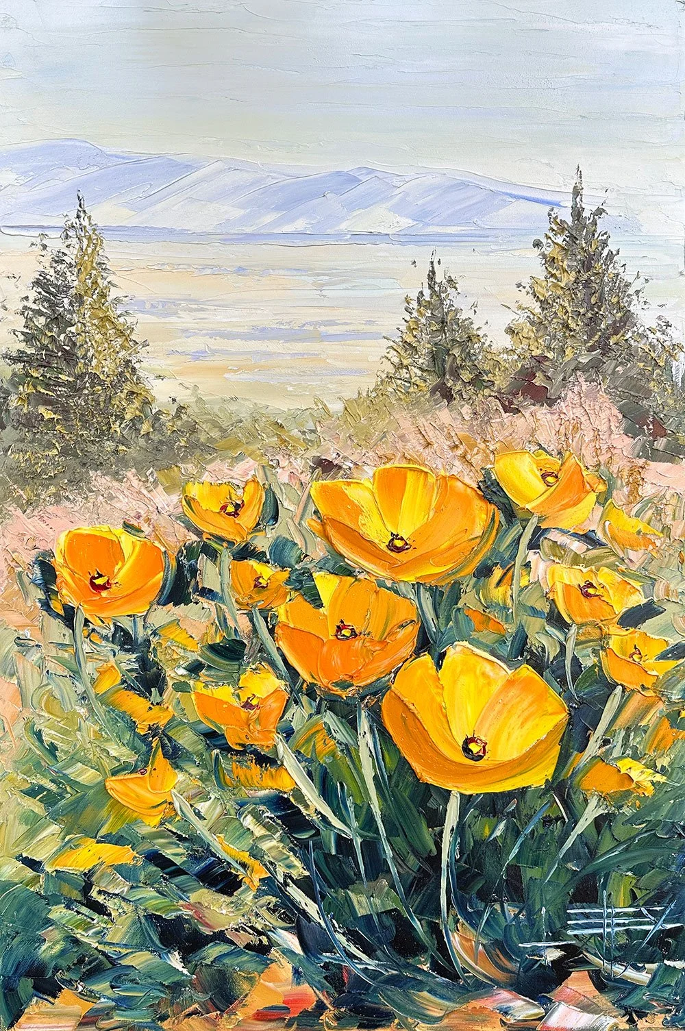 An impressionistic painting of a landscape with yellow and orange flowers in the foreground, pine trees in the midground, and snow-capped mountains in the background.