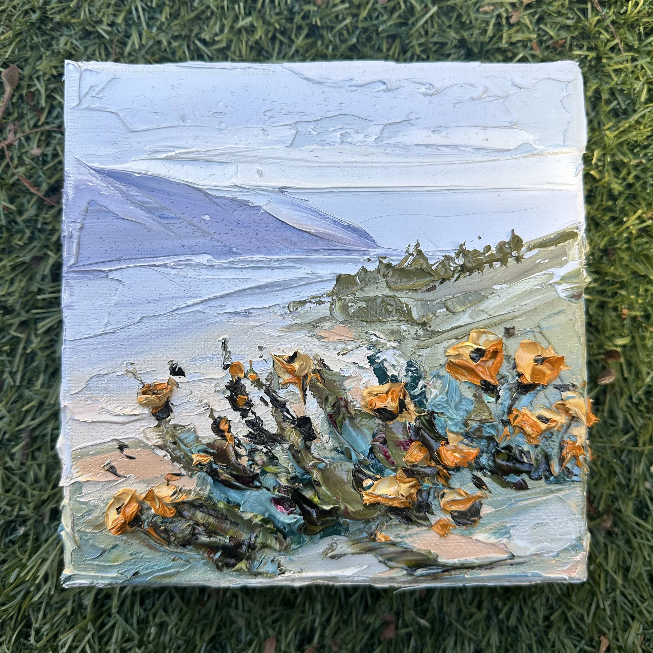 California coastal poppies overlooking the Pacific Ocean, original palette knife oil painting by Lisa Elley.