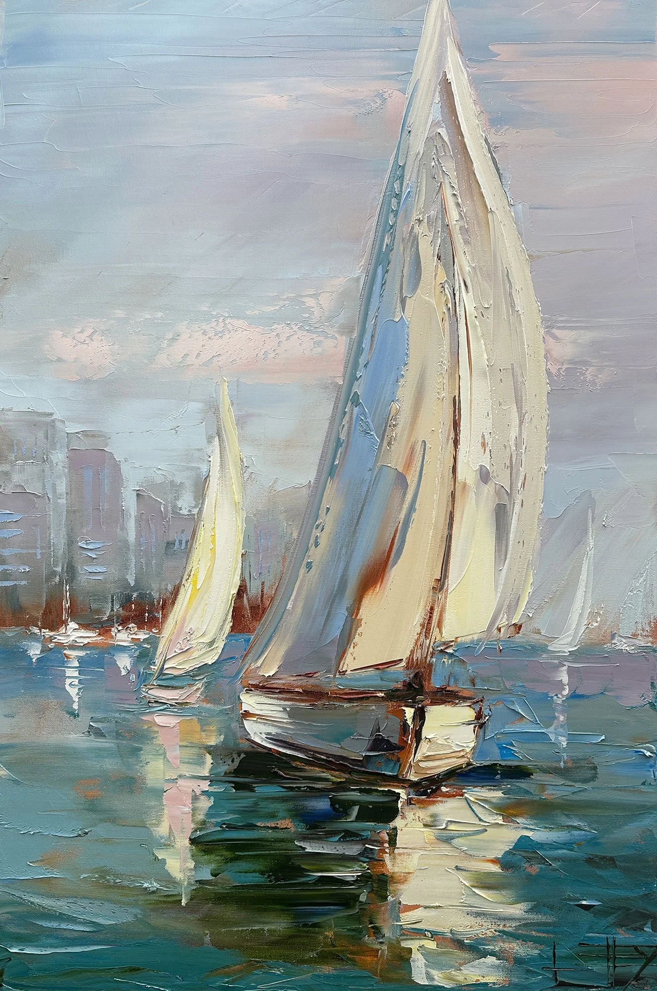 An atmospheric sailboat painting inspired by the soft coastal light and reflective harbor waters of Southern California’s waterfronts.