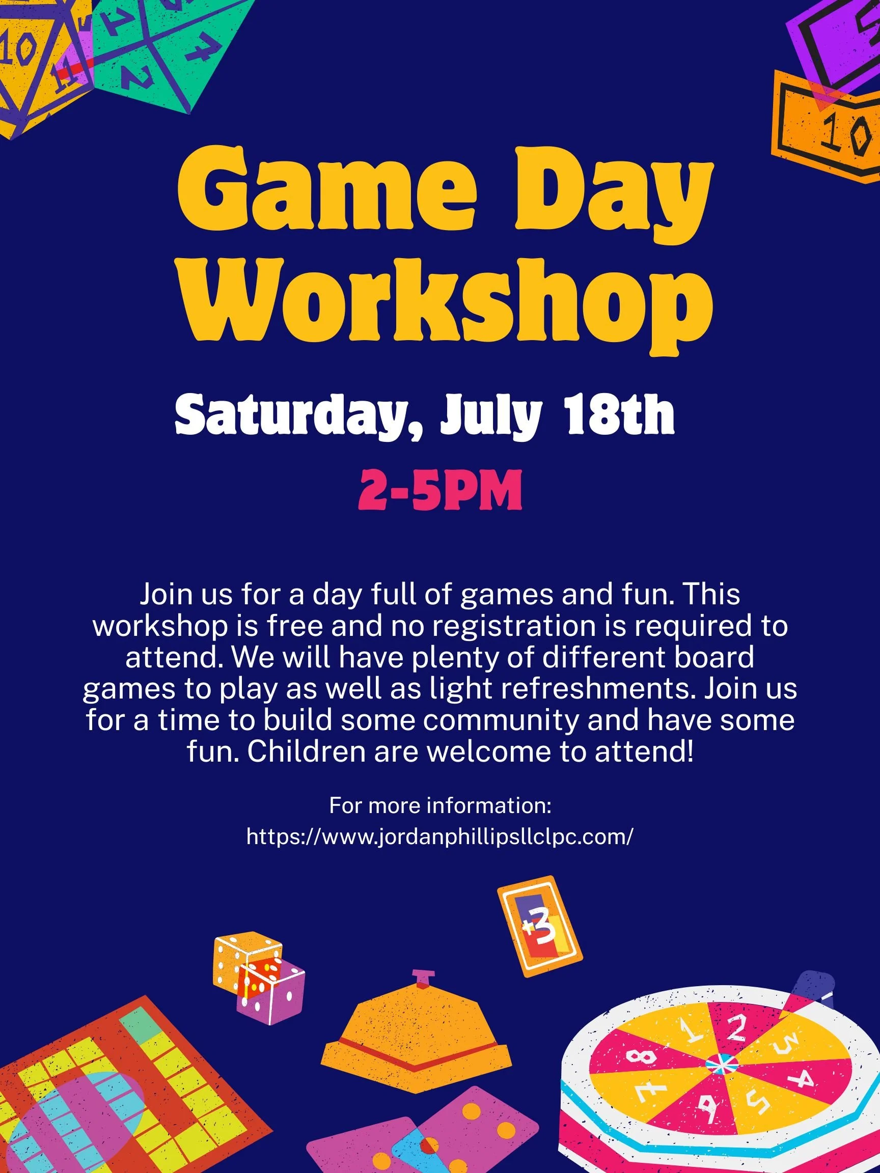 Free Game Day Workshop July 18th from 2-5pm