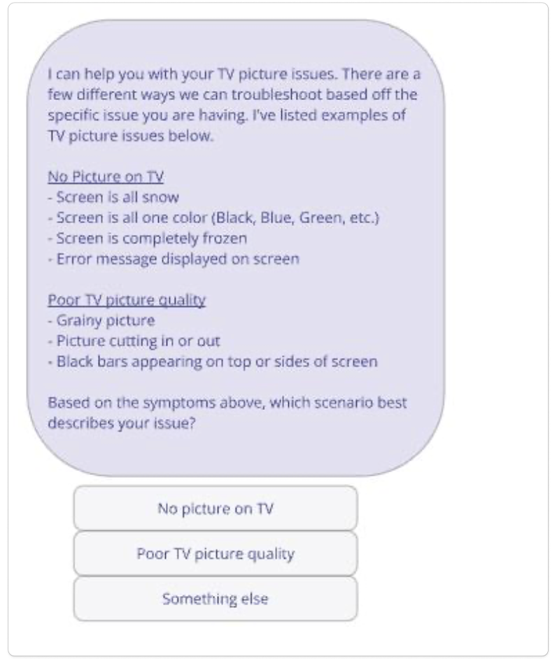 Xfinity Assistant message grouping TV picture symptoms to help customers choose the right troubleshooting path.