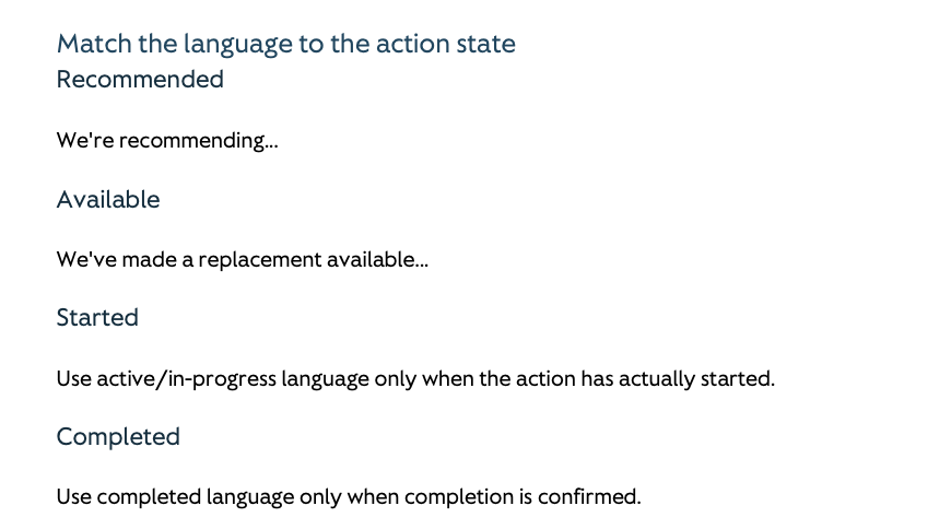 Steps for matching language to action state, including options: Available, Started, Completed, with instructions for using active/in-progress language only when the action has started and using completed language only when confirmed complete.
