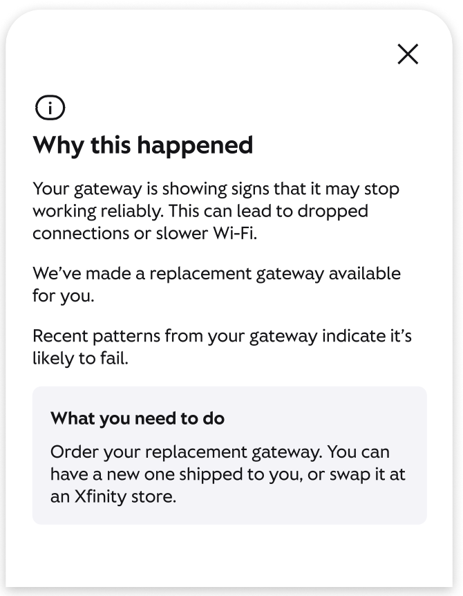 Xfinity message explaining signs of gateway failure and replacement options through shipping or an Xfinity store.