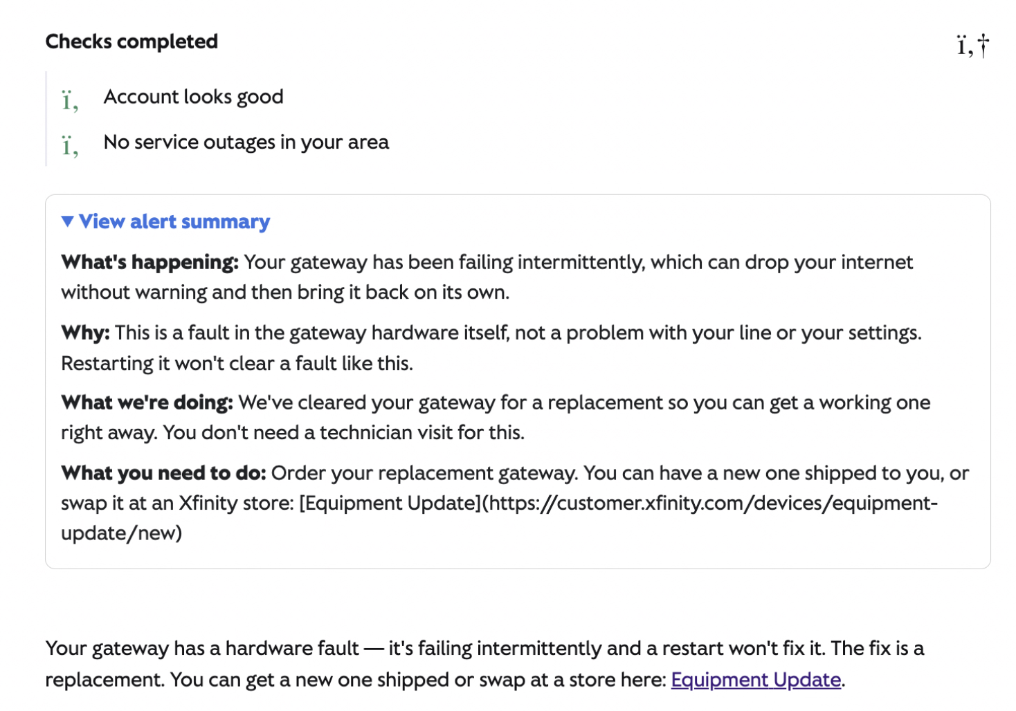 Xfinity diagnostic summary showing completed account and outage checks, signs of gateway failure, and replacement guidance.