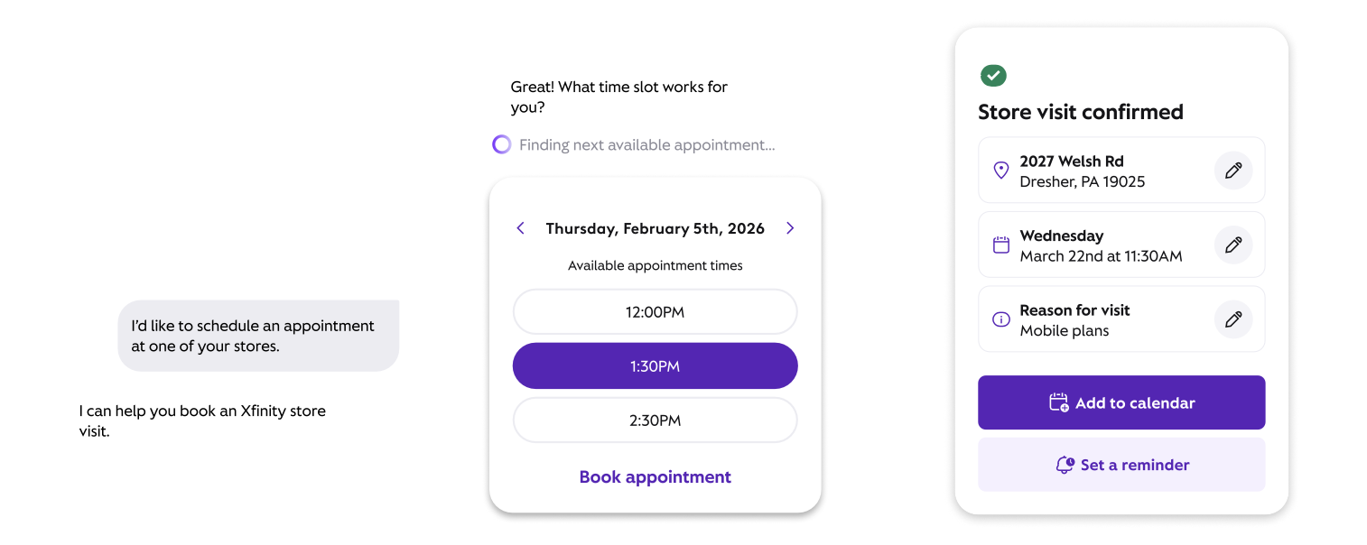 Xfinity Assistant screens showing store appointment booking and confirmation, with calendar and reminder options.