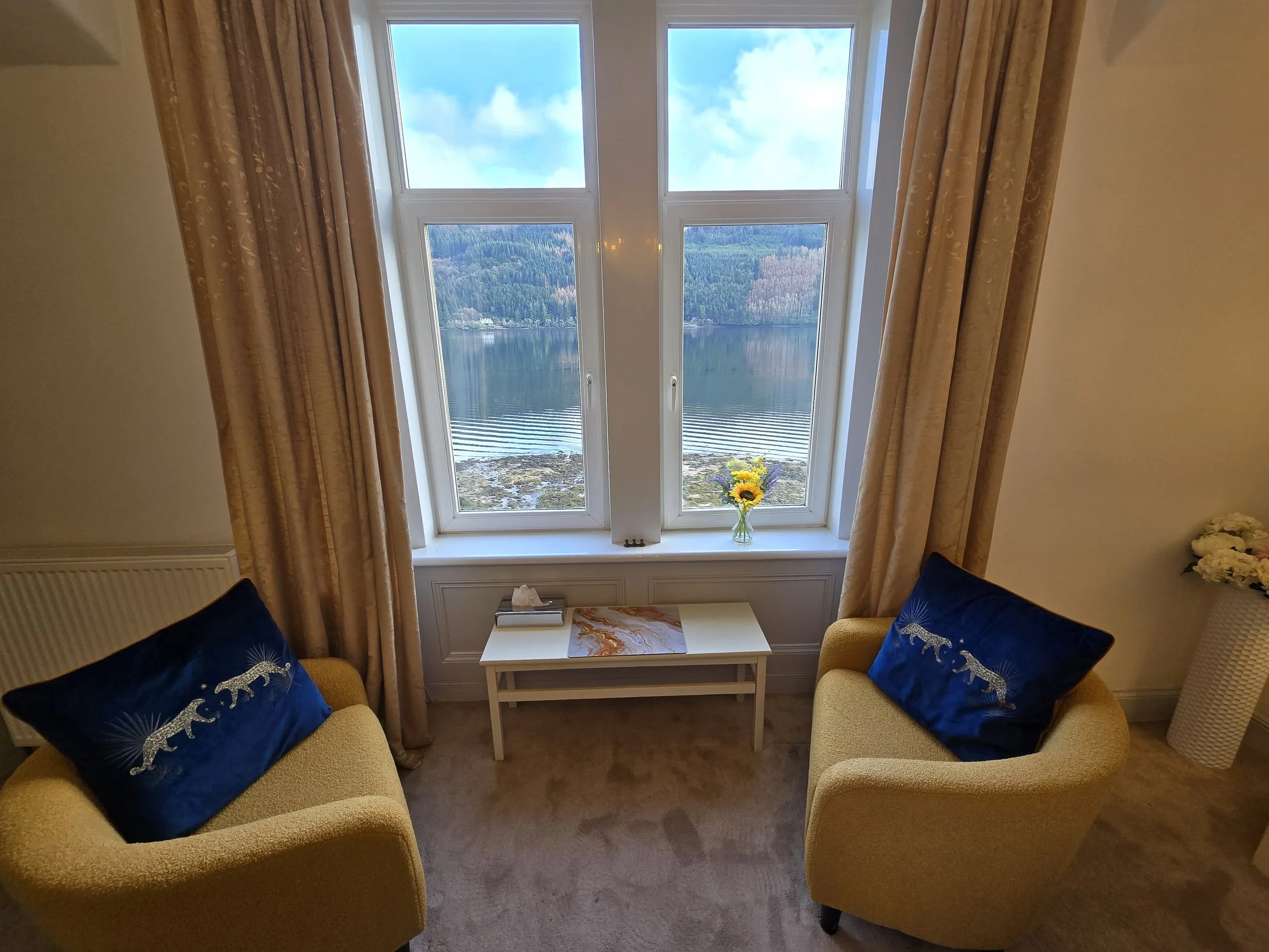 A cozy room with two yellow armchairs, each with a blue cushion featuring a white tiger design, facing a large window. The window shows a scenic view of a l with a mountainous landscape in the background. A small white table with a tissue box and a decorative item sits between the chairs, and a vase of yellow flowers is on the windowsill.