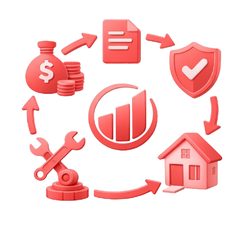 Financial management illustration with icons of money bag, coins, document, shield with checkmark, house, tools, and a rising bar graph, connected by arrows.