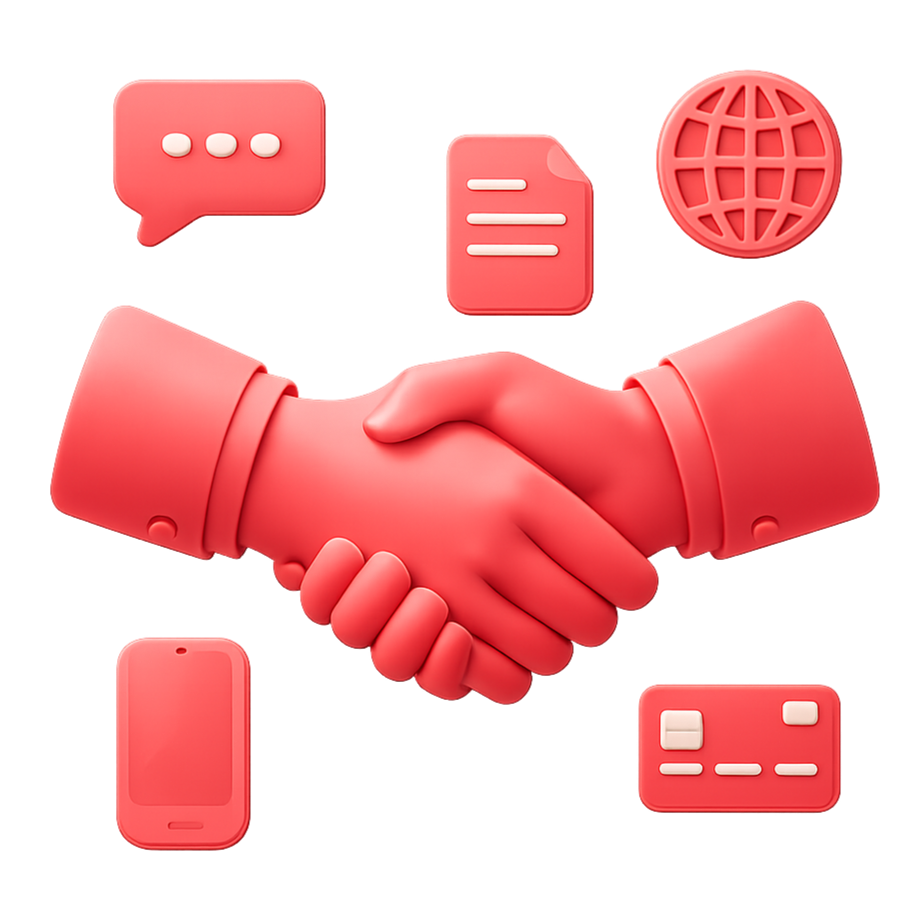Two hands shaking surrounded by icons of a chat speech bubble, a document, a globe, a smartphone, a credit card, and a social media icon, all in a pinkish-red color theme.