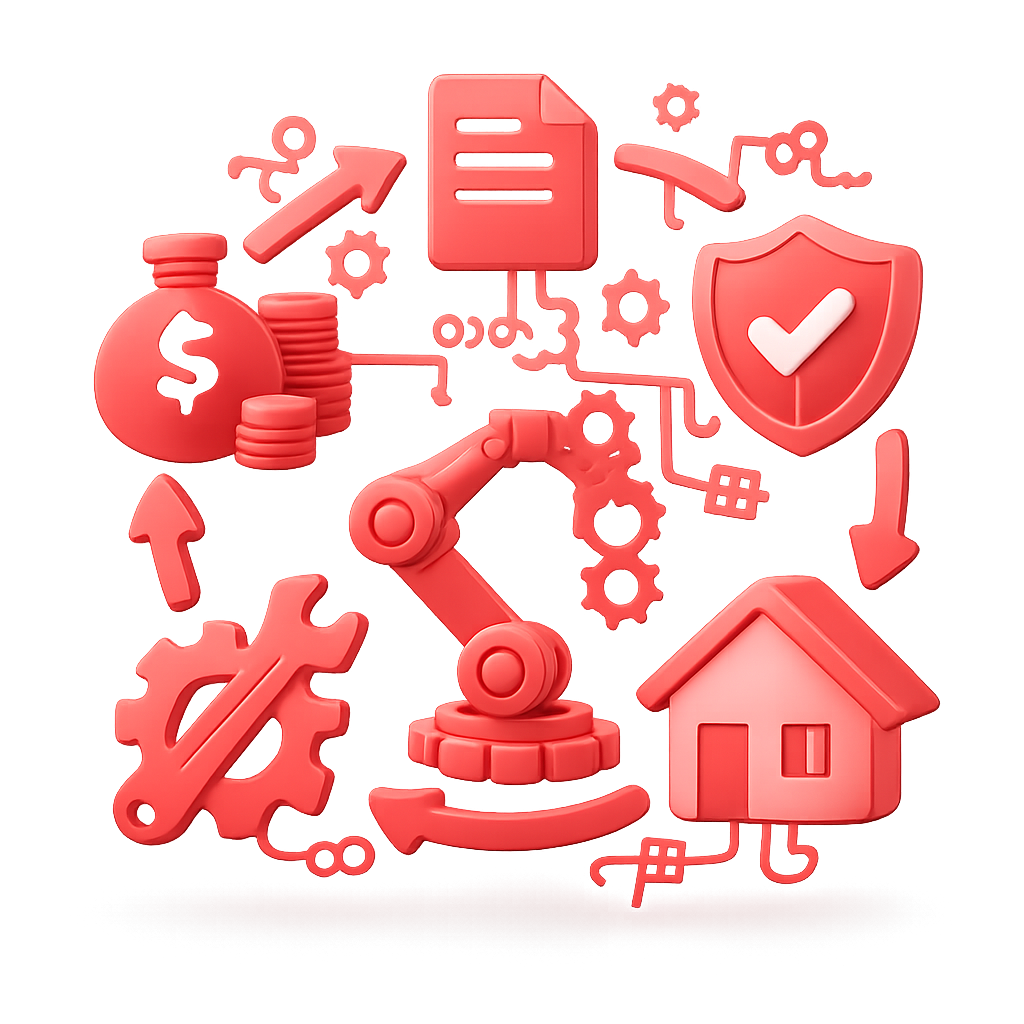 Red digital illustration features financial growth, security, and automation elements including a money bag, stacked coins, an upward arrow, a website document, a shield with a checkmark, a house, gears, a wrench, and a robotic arm, representing financial technology and cybersecurity.