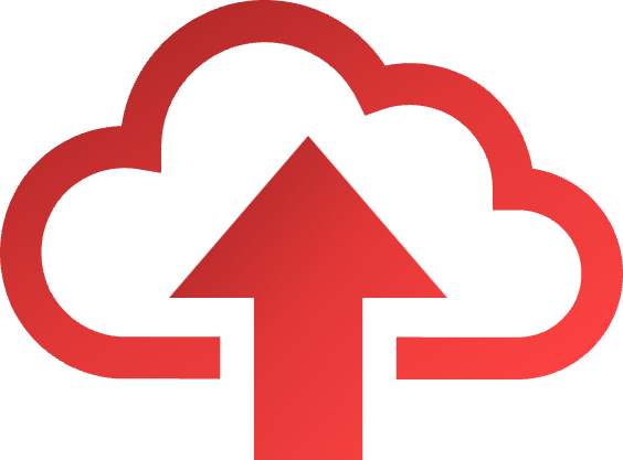 Red and black cloud icon with an upward arrow in the center, representing cloud upload.
