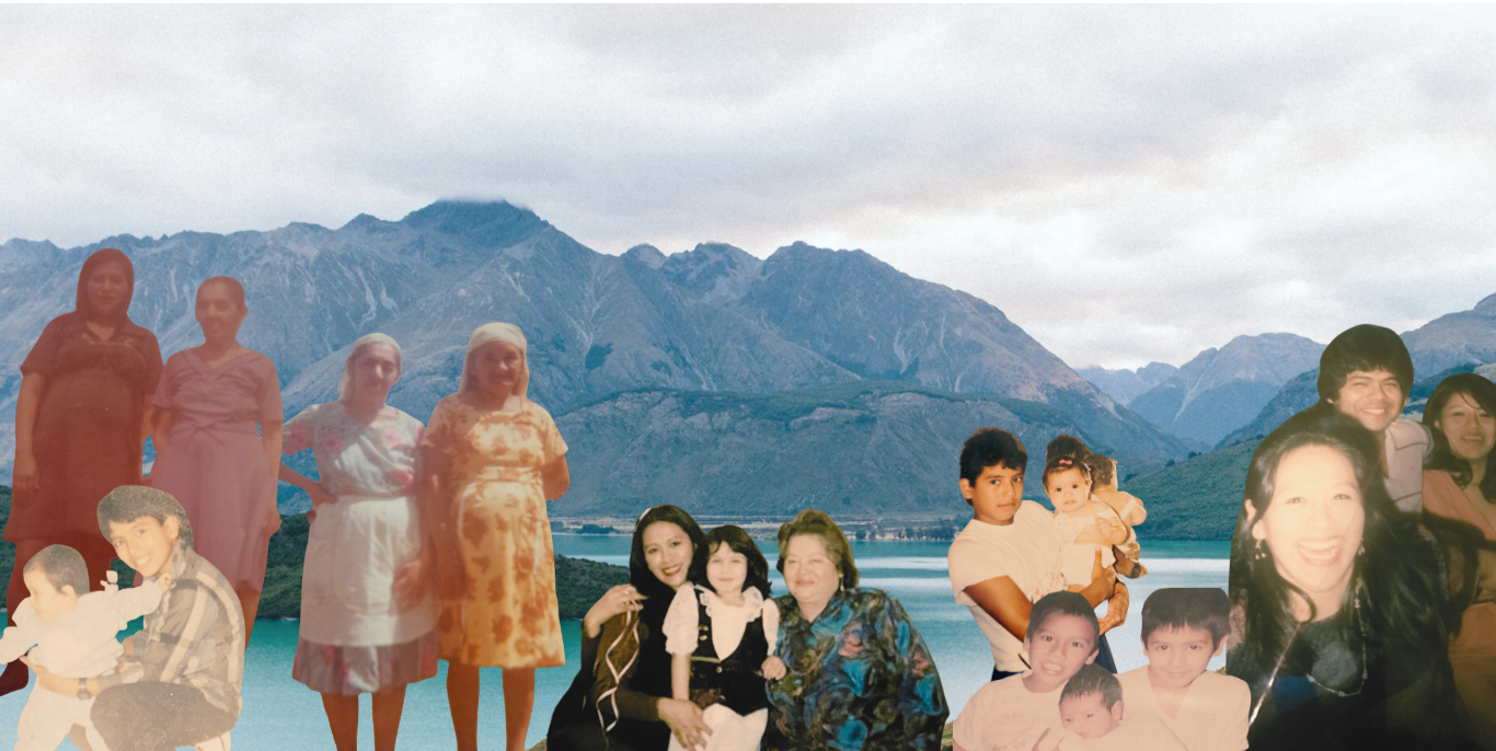 Family photo collage with multiple generations, women, men, children, and infants, against a scenic mountain and lake backdrop.