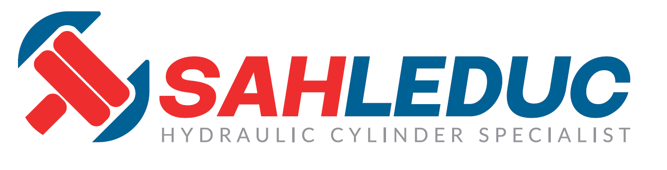 Logo de Sahleduc, spécialiste en cylindres hydrauliques, avec un symbole de piston rouge et une flèche bleu.