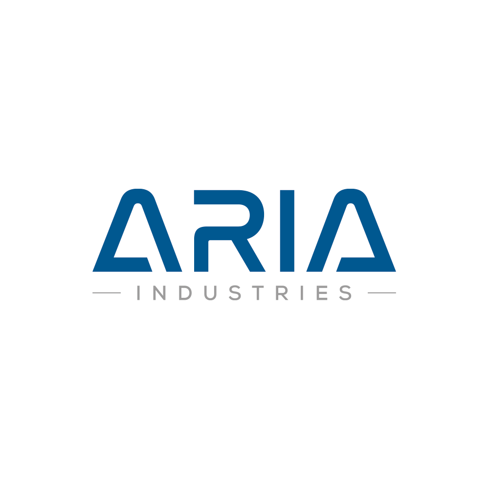 Logo d'Aria Industries, en bleu, avec le texte 'ARIA' en grand et 'Industries' en plus petit en dessous.
