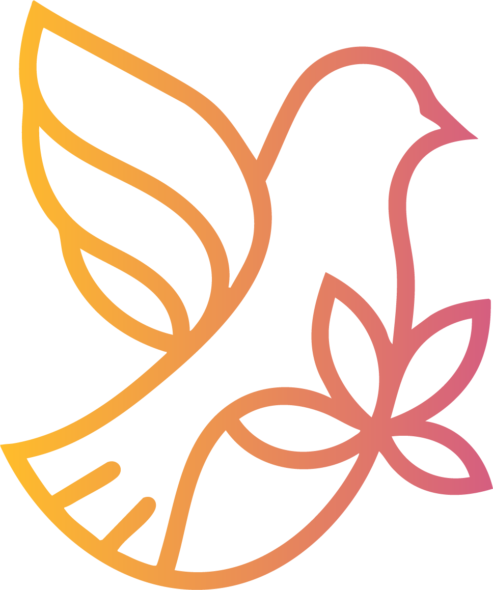 A gradient background with shades of yellow, orange, and pink includes a black star shape on the left and a white arrow near the top right