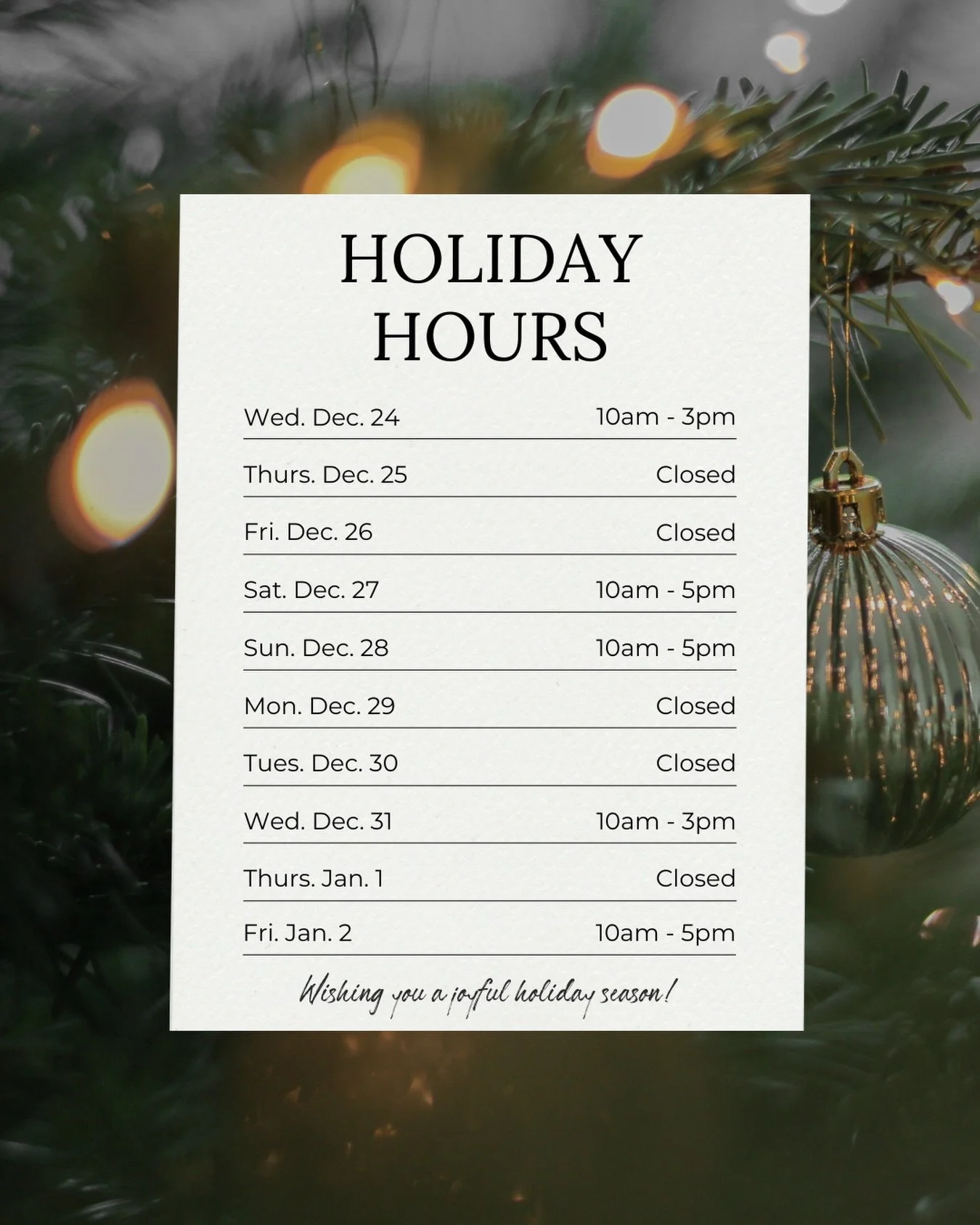From all of us here, we&rsquo;re wishing you a season filled with warmth, creativity, and a little extra magic ✨
Thank you for being part of our community this year. Our holiday hours are noted above, and we look forward to welcoming you in over the 