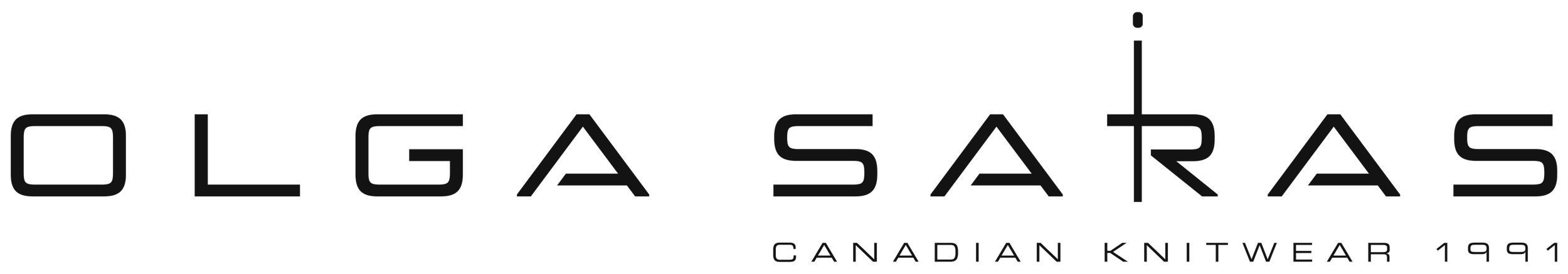 Olga Staras Canadian knitwear logo with black text and a small maple leaf above the letter 'R'.