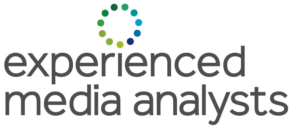 Experienced media analysts logo with a circular design made of green and blue dots, accompanied by the text 'experienced media analysts' in bold, dark gray font.