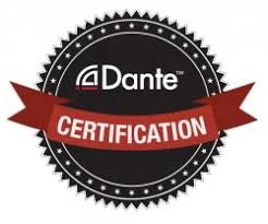 Dante Certification badge with black circular background, red banner, and white text