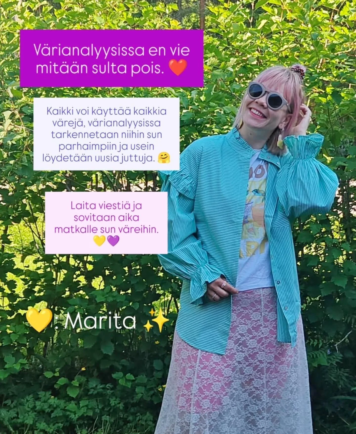 No heippa vaan elokuu ja ihanat värianalyysihetket❣️🥰
Uuden kauden saapuminen houkuttelee ja kutsuu sukeltamaan omannäköiselle värimatkalle! Kiitos kaikista kohtaamisista jo tälle kuulle! 💛
Aika somen käyttämise