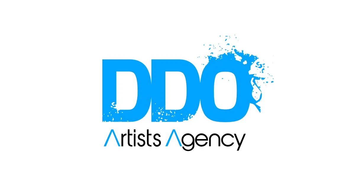 Logo for DDO Artists Agency with blue paint splatter and stylized text.