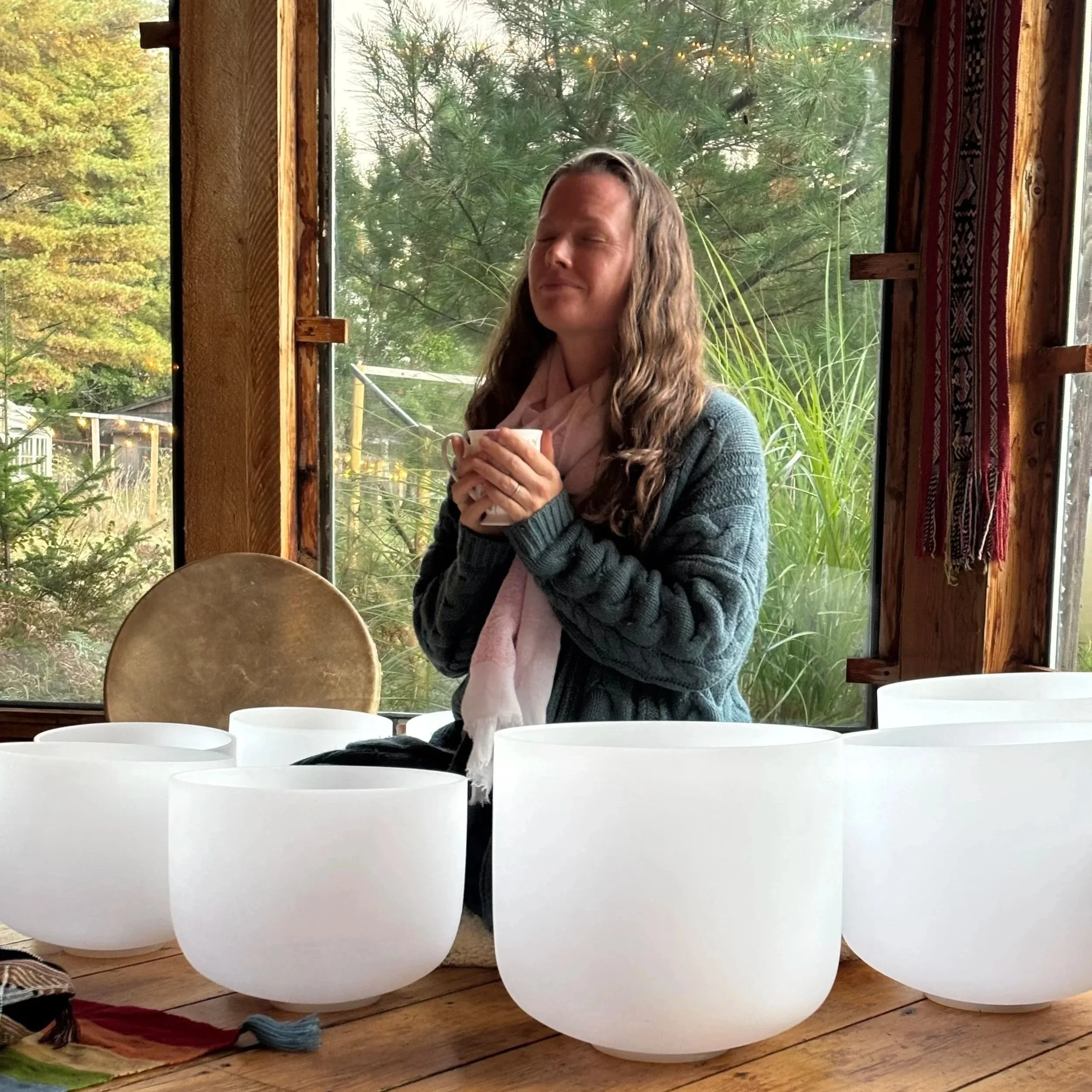 photo of cacao ceremony with sound bowls