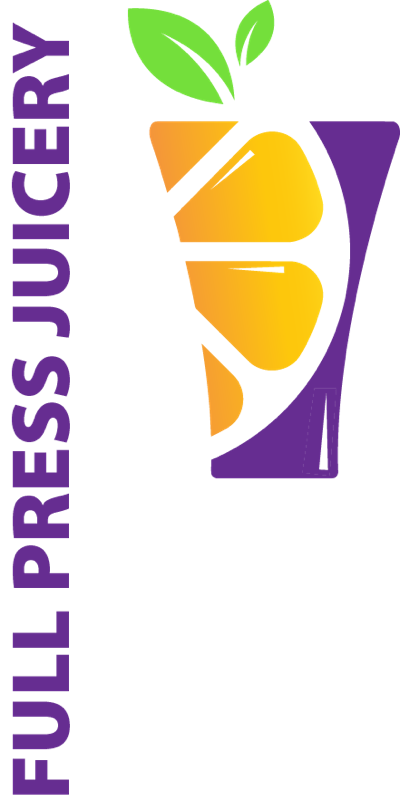 Logo for a juice company featuring a stylized orange, green leaves, and purple accents. Text reads "Full Press Juicery" and "Pressed Fresh, Live Healthy."