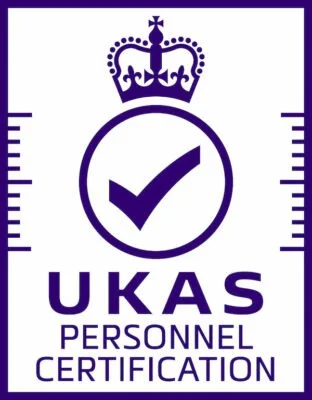 UKAS personnel certification logo featuring a crown and a checkmark.